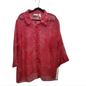 NWT Alfred Dunner Port Antonio Blouse Size 22W Dark Pink Red Sheer Button Down